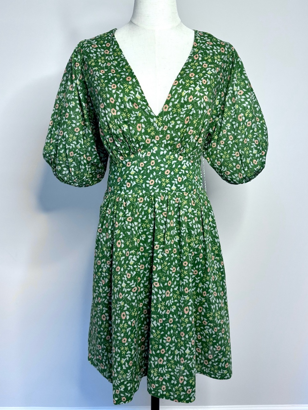 Trovata Birds Of Paradise Floral Puff Sleeve Cotton Mini Dress Green Medium NWT